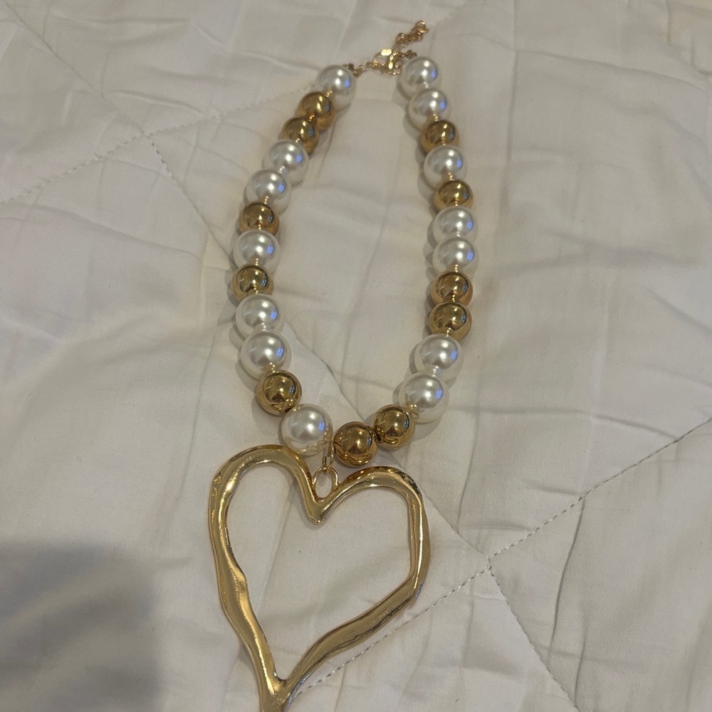 Gold and White Heart Pendant Necklace